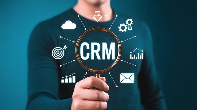 CRM Customer Relationship Management System Concept. Magnifying glass over CRM icons, symbolizing customer relationship management, data analytics, support, cloud storage, and digital marketing tools.