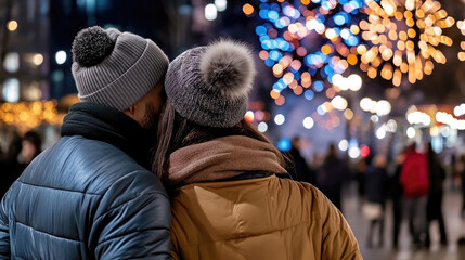 Tourist wearing winter clothes admiring fireworks exploding over a city during New Year's Eve celebrations, with blurred Christmas tree and street lights in the background