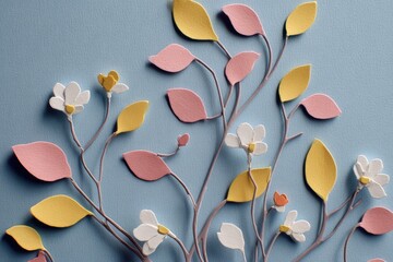 Paper-cut floral arrangement with pink, yellow, and white leaves & blossoms on a blue backdrop