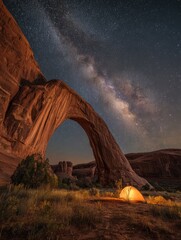 Glowing tent under an arch rock formation, a starry Milky Way fills the night