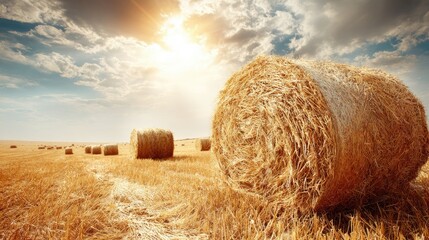 Golden hay bales dot a field under a bright sun and partly cloudy sky
