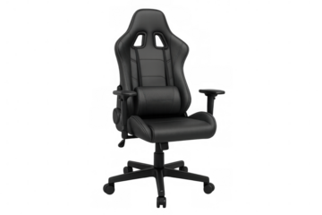Black ergonomic gaming chair standing. Modern office furniture with lumbar support providing comfort