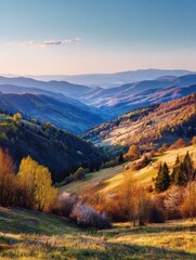 Scenic mountain valley with layered peaks, sunlight, and colorful foliage
