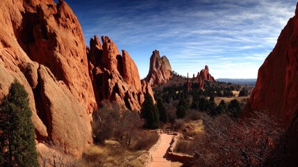 Scenic panorama of red rock formations with a path on a sunny day