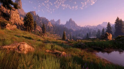 Lush, open vista of mountainous terrain, forested valleys, and a serene sunrise