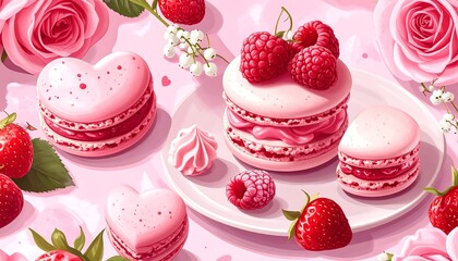 Delightful arrangement with pink macarons, berries, and roses