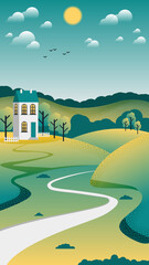 A lovely house by a winding road among grassy hills and trees under a summer sky with sun, clouds, and flying birds. Hand-drawn illustration.