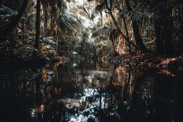 Lush, dark tropical forest scene with a still river reflecting trees