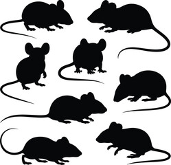 Black silhouette of mice on white background in various poses