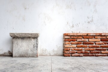Textured backdrop with aged white wall, stone, and brick fragments on cement