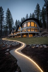 Modern house at dusk, winding illuminated path, surrounded by trees