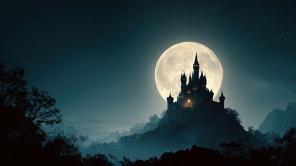 gothic castle beneath a glowing full moon