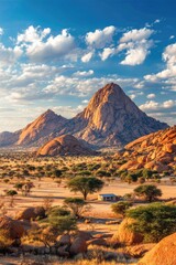 Arid landscape featuring rocky mountains, sparse vegetation, and a vivid blue sky