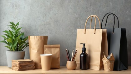 Various eco products arranged on wood desk. Brown paper bags, cup, napkins, pencils, green plant show sustainable living. Black pump bottle for eco friendly personal care also present. Setup