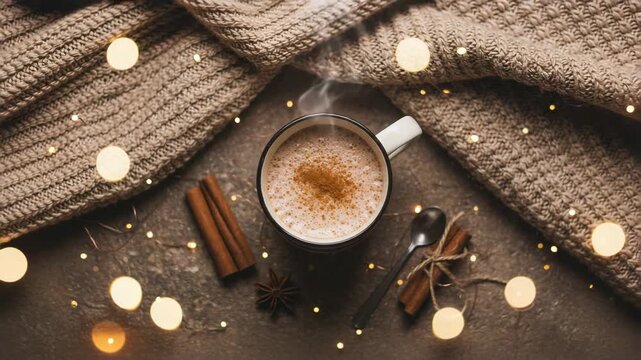 Hot chocolate with cinnamon on warm blanket. Cozy drink, winter dessert, home comfort, sweet beverage, holiday treat, relaxing moment, seasonal food, autumn lifestyle, bokeh