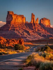 A desert highway leads towards towering sandstone formations, bathed in golden light