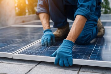 Solar panel technician working on tiled roof during daylight hours Generative AI