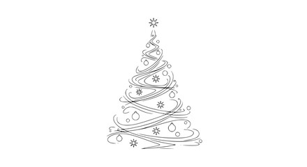 Vector illustration of a stylized Christmas tree in black and white, fine line art, minimalist design on white background