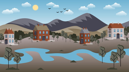 Typical alpine countryside landscape. Cute country village street against the backdrop of mountains, hills, sky with sun, clouds, and flying birds.