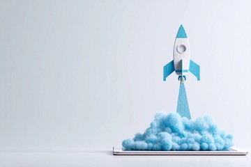 Rocket cutout launching from tablet on a clear background in bright colors Generative AI