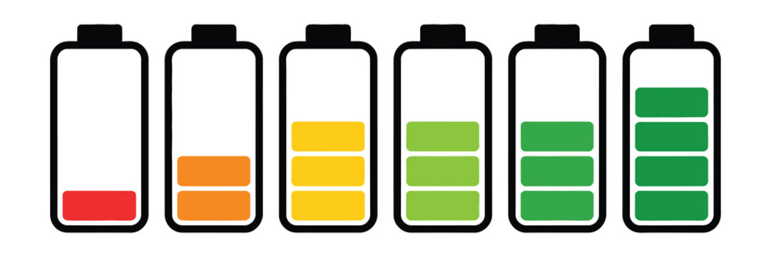 Battery Charge Level Icons Empty, Low, Medium, and Full, Represented in Format