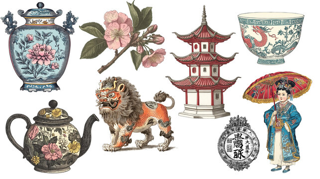 Vintage chinese traditional collection isolated on transparent background