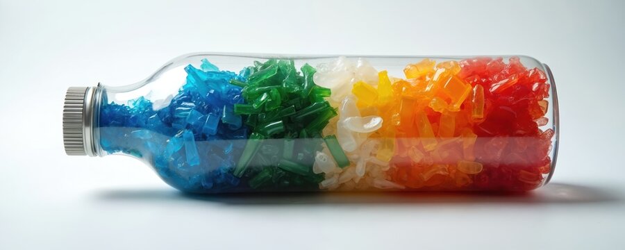 Transparent plastic bottle ecobrick filled with colorful chopped waste for upcycling. Sustainable method for reusing single-use garbage. Eco-friendly concept of recycling pollution reduction,