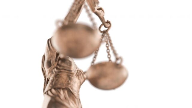 360 Degrees Rotating Seamless Looping Low Angle Lady Justice Statue Isolated on a White Background.