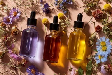 Herbal infusions displayed in glass jars surrounded by dried flowers Generative AI