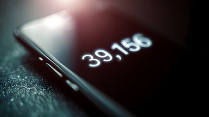 A close up view of a smartphone screen displaying a glowing number 39 156 symbolizing digital growth or a financial balance