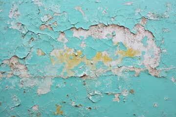 Close-up of aged teal paint peeling away to reveal underlying layers