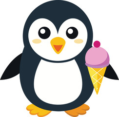 Obraz premium Adorable cartoon penguin holding a delicious pink ice cream cone with a yellow waffle cone