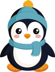 Obraz premium Adorable cartoon penguin wearing a blue hat and scarf ready for winter fun