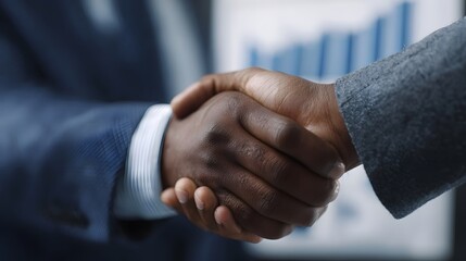 Two business professionals shaking hands symbolizing partnership and success with a financial graph in the background