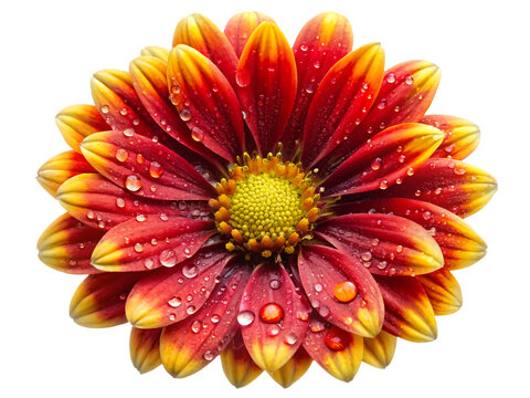 Vibrant red and yellow daisy flower, with water droplets top view, cutout, PNG isolated on white or transparent background - Powered by Adobe