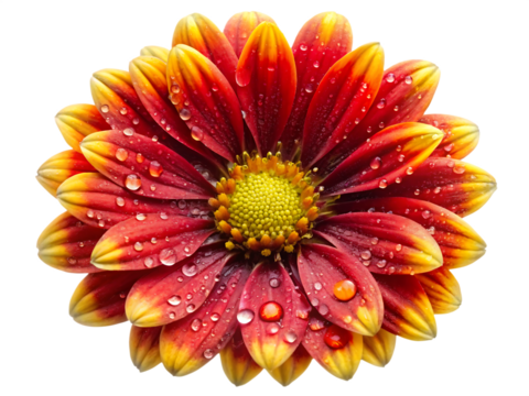 Vibrant red and yellow daisy flower, with water droplets top view, cutout, PNG isolated on white or transparent background