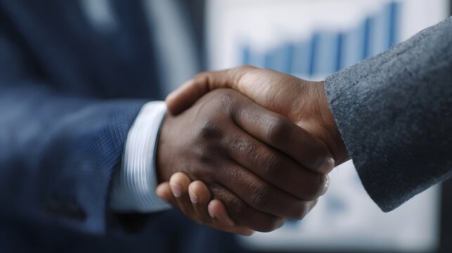 Two business professionals shaking hands symbolizing partnership and success with a financial graph in the background - Powered by Adobe