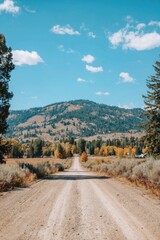 Dirt road leads to a distant mountain under a bright blue sky