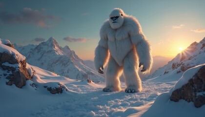 Huge white furry Yeti stands tall in vast snowy mountain landscape. Sun rises over icy peaks, casting warm light on winter terrain. Mythical creature with dark glasses looks mysterious, powerful in