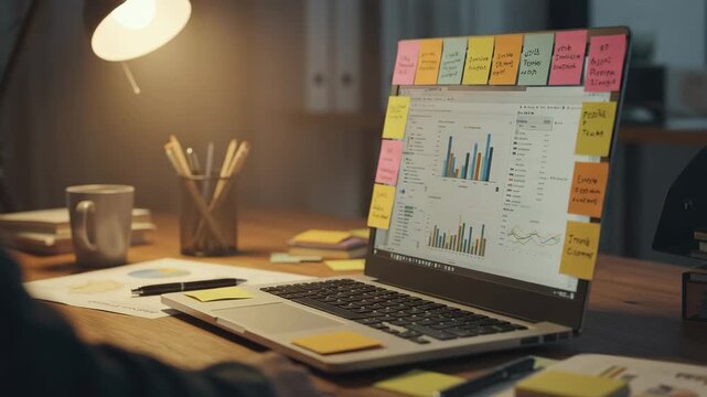 Laptop on cluttered desk with sticky notes on monitor, business charts on screen, digital workspace with laptop, work organization, analytics, productivity tools, remote office and schedule