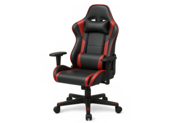 Ergonomic gaming chair, black and red, providing comfort and support for gamers and office workers. Transparent background