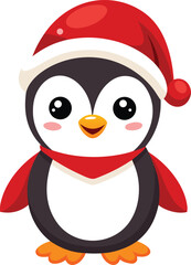 Adorable cartoon penguin wearing a festive santa hat and red scarf for christmas