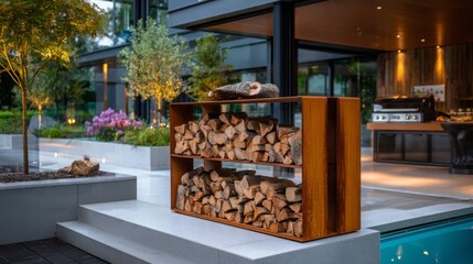 Wood storage display complements the modern outdoor patio with lush greenery and a pool area in the evening light