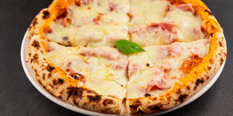 Pizza ham, cheese, tomato sauce fast food natural product tasty snack fresh delicious gourmet food background on the table rustic top view copy space