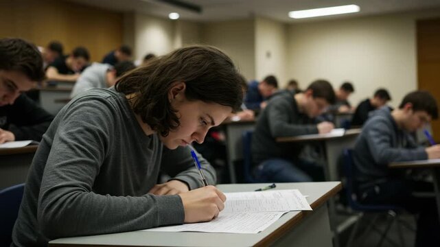 Student writing exam in classroom, exam paper on desk, university students sitting in rows, exam moment during lesson, school testing, written test, student with pen and paper in lecture hall