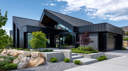 Modern home design in a sunny neighborhood with unique architecture and beautiful landscaping