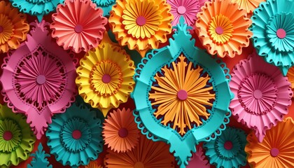 Vibrant fiesta backdrop with colorful paper decorations. Festive cutout paper art for holiday themed banner greeting cards. Decorative floral designs on bright ornate background for event invitation