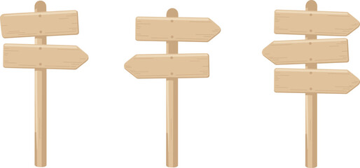 Wooden directional signpost illustration with multiple arrow boards, isolated on white background, travel guide concept, navigation symbol, blank road direction signage