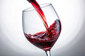 A close-up, macro shot capturing the elegant pour of a rich red wine into a glass, against an isolated white background in a studio.