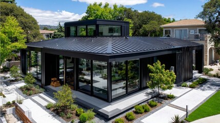 Modern house design with large windows in a suburban area under a clear blue sky